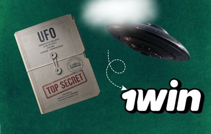 A vintage "UFO" top-secret classified file folder sits next to a flying saucer emitting a glowing beam, with a dashed arrow pointing to the "1win" logo, visually tying the brand to the buzz around trading on the U.S. confirming alien life in 2026.