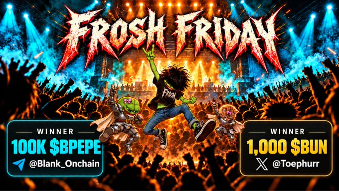 A vibrant concert-style promotional banner for 'FROSH FRIDAY' featuring a green zombie-like character jumping on stage, with winners announced: 'WINNER 100K $BPEPE @Blank_Onchain' and 'WINNER 1,000 $BUN @Toephurr'.