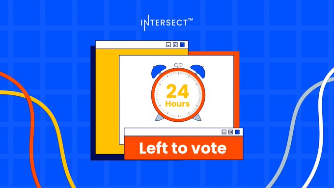 A blue promotional graphic with the word 'INTERSECT' at the top, featuring a window design and an alarm clock displaying '24 Hours Left to vote'.