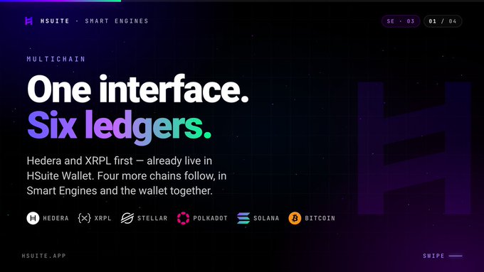 Hsuite “Multichain” slide reading “One interface. Six ledgers.” with “Hedera and XRPL first — already live in Hsuite Wallet,” and logos for Hedera, XRPL, Stellar, Polkadot, Solana, and Bitcoin.