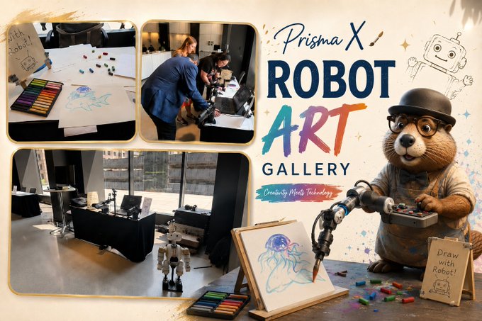 Promotional graphic for 'Prisma X Robot Art Gallery' featuring a cartoon otter in a bowler hat holding a control panel, alongside photos of art supplies, people interacting with a robot, and a robot displaying a jellyfish drawing.