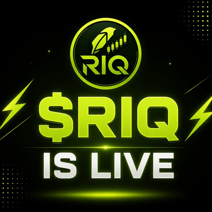 A neon green promotional graphic announcing '$RIQ IS LIVE' with the RIQ token logo featuring a rocket and candlestick chart design on a black background.