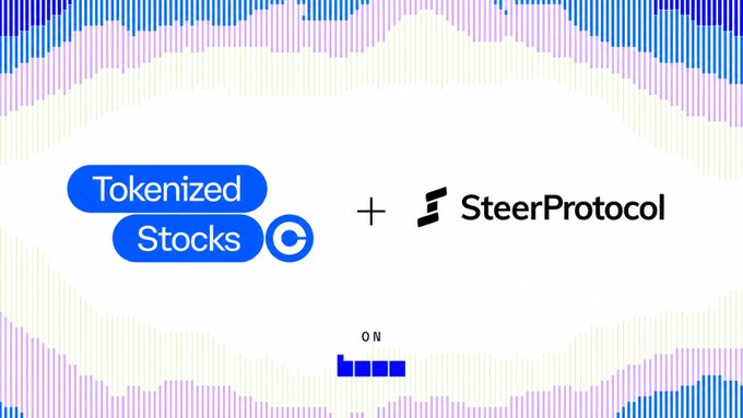 A Web3 announcement graphic showing 'Tokenized Stocks' combined with SteerProtocol on the Base network, set against a blue and purple audio waveform background.