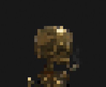 A pixel art character, likely a NFT avatar with brown fur and glowing yellow eyes, is rendered against a dark background. The low-resolution, blocky style reflects the post's discussion about how, although an avatar's core traits remain fixed, updates to the renderer can dramatically change how each trait is visually displayed.