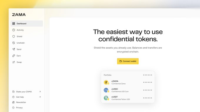 A screenshot of the Zama app interface at app.zama.org, featuring a "Connect wallet" button and a portfolio preview showing encrypted balances for Z confidential Zama, cUSDC (Confidential USD Coin), and cUSDT (Confidential Tether USD), illustrating the platform's promise of one-click token shielding with onchain encryption.