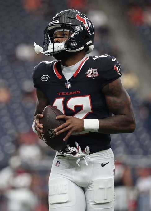 Houston Texans NFL player wearing jersey number 17 and a black helmet, holding a football on the field during a game.