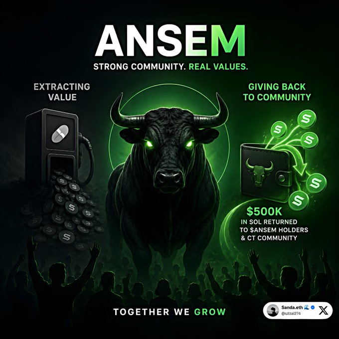 A promotional graphic for $ANSEM featuring a black bull with glowing green eyes, highlighting the project's ethos with text "STRONG COMMUNITY. REAL VALUES." and "$500K IN SOL RETURNED TO ANSEM HOLDERS & CT COMMUNITY," alongside the tagline "TOGETHER WE GROW." The imagery of the bull symbolizing strength and the crowd of supporters visually reinforces the post's message about $ANSEM's self-sustaining, community-driven momentum beyond any single active member.