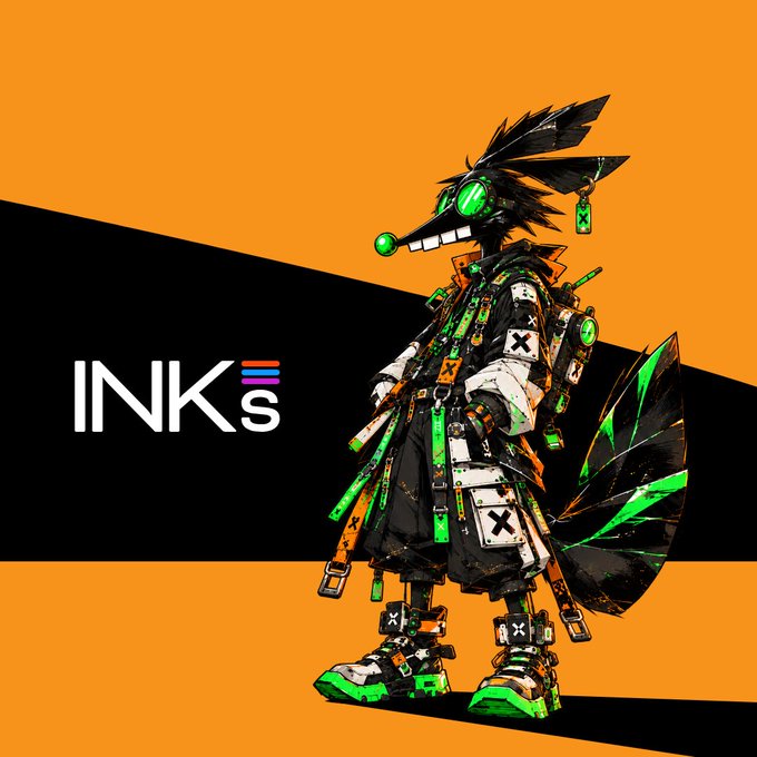 An illustration of a stylized anthropomorphic character with green eyes and a large tail wearing black and orange clothing with X markings, alongside the text 'INKs' on an orange and black background.