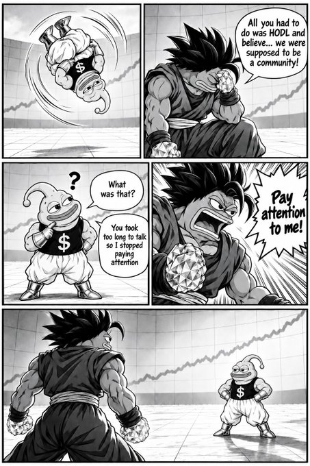 A black-and-white manga-style comic strip featuring Dragon Ball's Goku, with dialogue bubbles reading 'All you had to do was HODL and believe... we were supposed to be a community!', 'What was that?', 'You took too long to talk so I stopped paying attention', and 'Pay attention to me!'.