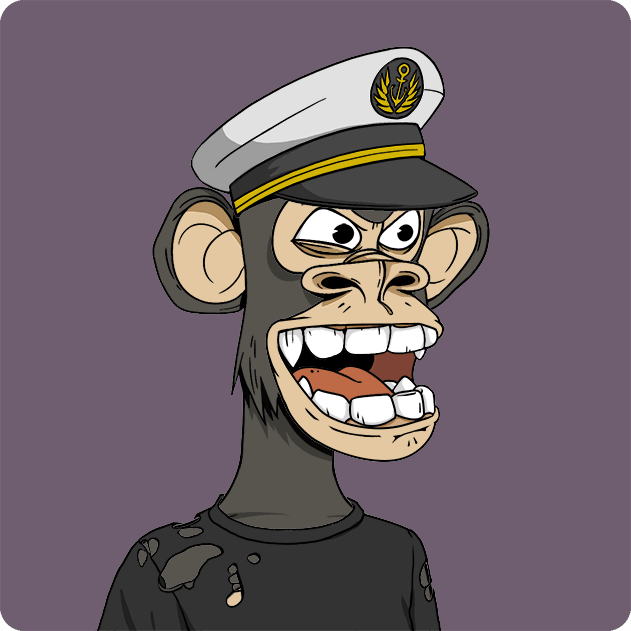 A cartoon ape character dressed as a captain with a white hat, grinning wildly against a purple background.