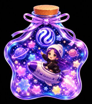 A digital illustration of a girl with long hair sitting inside a glass bottle filled with purple stars, planets and other spaceships.