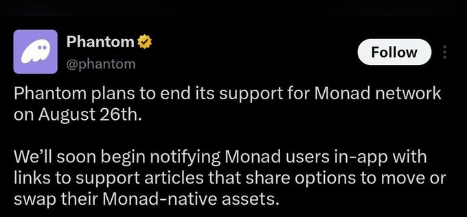 A screenshot of a social media post from verified account 'Phantom @phantom' announcing the end of support for Monad network on August 26th.