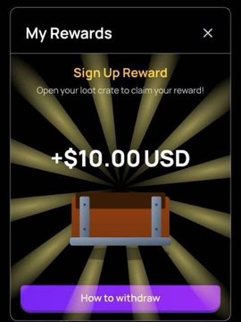 A mobile app reward screen titled "My Rewards" showing a "Sign Up Reward" of +$10.00 USD with a treasure chest graphic and a "How to withdraw" button.