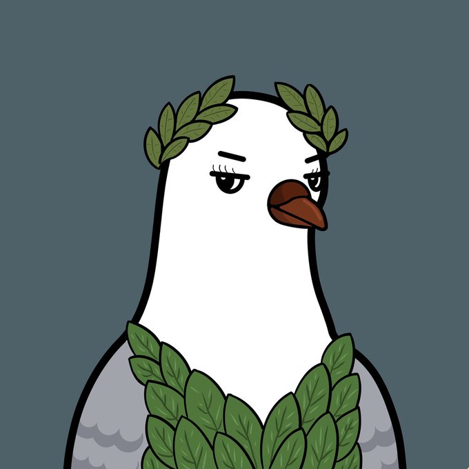 A cartoon seagull wearing a laurel wreath looks unimpressed, humorously matching the "GM, NFT is back" post by skeptically eyeing the hyped NFT market's return like a reluctant Roman emperor surveying his domain.