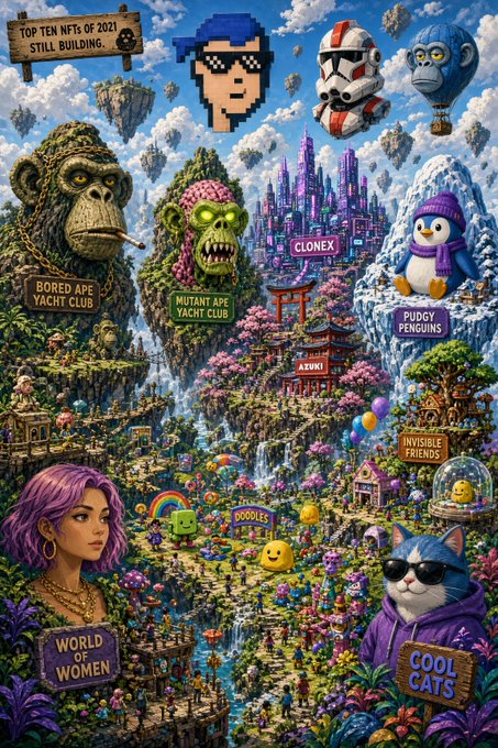 A vibrant, detailed NFT collage featuring labeled sections like 'BORED APE YACHT CLUB', 'MUTANT APE YACHT CLUB', 'CLONEX', 'AZUKI', 'PUDGY PENGUINS', 'INVISIBLE FRIENDS', 'DOODLES', 'WORLD OF WOMEN', and 'COOL CATS'.