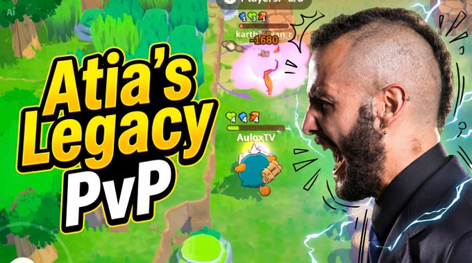 A YouTube-style thumbnail for a Brawl Stars video titled 'Atia's Legacy PvP', featuring a screaming man in the foreground with gameplay footage behind him.