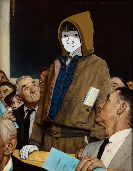 A hooded figure with a blank white meme face stands at a town meeting, with "Norman Rockwell" text at the top, juxtaposing internet meme culture against the classic painting "Freedom of Speech" by parodying the earnest upraised speaker. The caption ties into the post's joke about the "hoodie" being a more iconic internet meme than "cash cat," with the figure's deadpan expression and casual attire subverting Rockwell's idealistic scene.