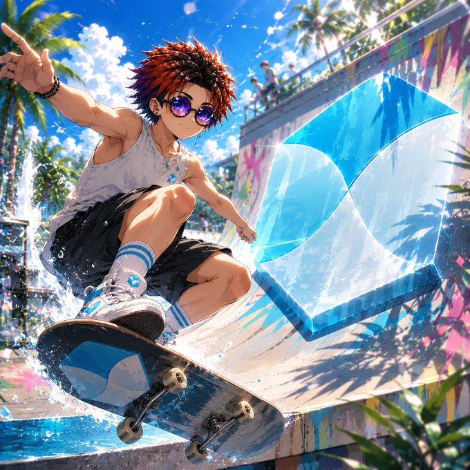 A vibrant anime-style illustration of a young male skateboarder with red hair and purple sunglasses performing a trick, surrounded by water splashes and a large blue logo.
