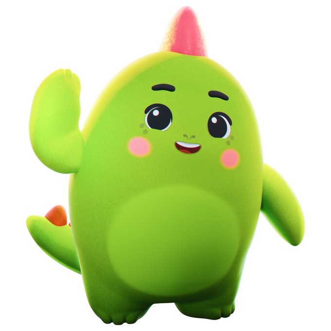 A 3D rendered cartoon character of a chubby green dinosaur or monster with a pink/red horn on its head, waving with one hand and smiling, set against a white background.