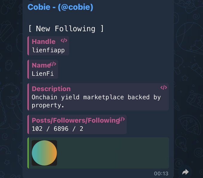 A dark-themed graphic announces "Cobie - (@cobie)" sharing a "New Following" alert for the handle "lienfiapp" (Name: "LienFi"), described as an "Onchain yield marketplace backed by property," with 102 posts, 6,896 followers, and 2 following. The image's ticker reference, $lfi, corresponds to LienFi, aligning with the "$lfi" post by highlighting the project's new Twitter follow.