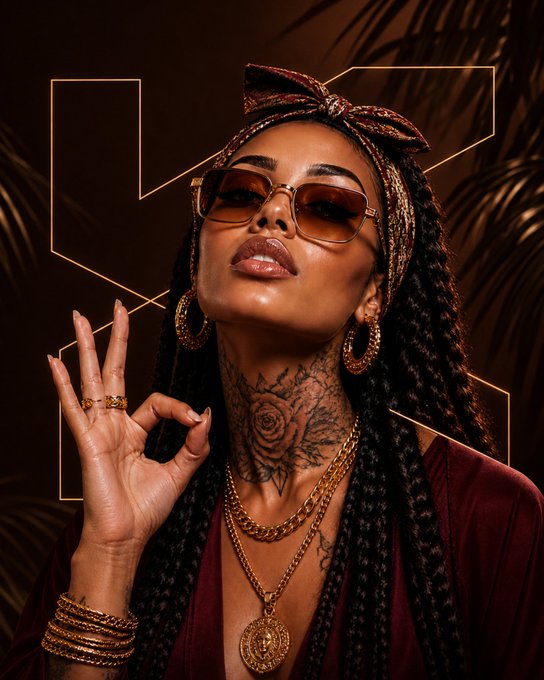 A stylized portrait of a woman with long braided hair, a headscarf, sunglasses, gold jewelry, and a neck rose tattoo making an OK gesture.