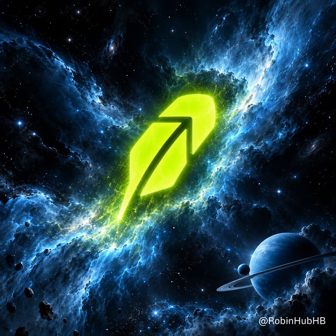 A digital artwork shows a glowing yellow-green geometric logo floating in a blue cosmic nebula with planets and stars, watermarked '@RobinHubHB'.