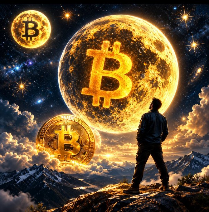 An illustration shows a person standing on a rocky mountain peak looking up at a massive, glowing golden Bitcoin moon in a starry night sky, with another smaller golden moon and a floating Bitcoin coin nearby.