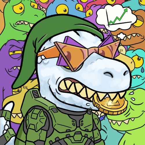 A cartoonish drawing of a grumpy-looking green dinosaur character wearing sunglasses and military armor, with a thought bubble showing an upward trending graph, surrounded by other colorful monster faces.