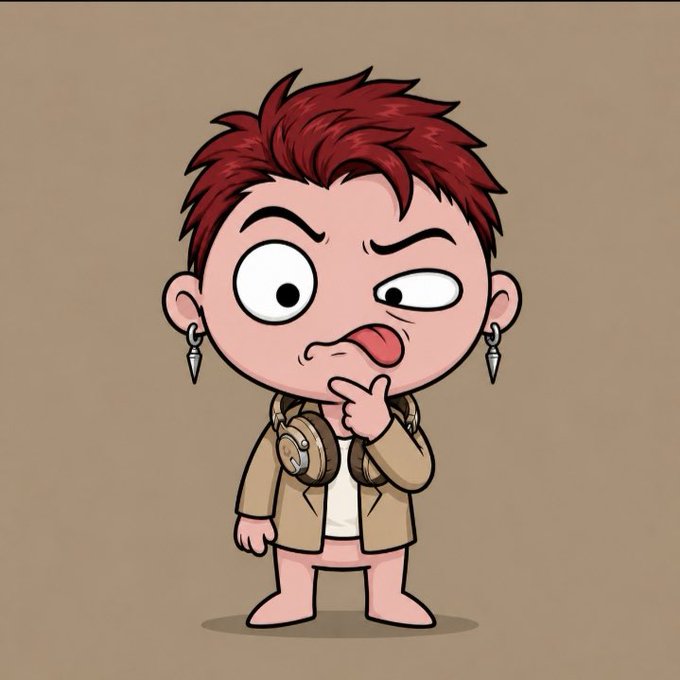 A cartoon character with spiky red hair, pointed earrings, and a tan jacket sticks out his tongue and touches his chin with a puzzled expression against a plain tan background.