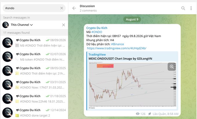A Telegram channel discussing the ONDO token shows a TradingView chart of ONDO/USDT on MEXC from "Crypto Du Kích," with a posted analysis on August 9, 2026, corresponding to the message highlighting the 08h57 timestamp of Vietnam time mentioned in the post.