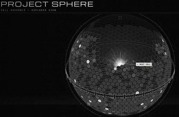 A black and white technical illustration labeled 'PROJECT SPHERE' with 'CELL ASSEMBLY - EXPLODED VIEW,' showing a spherical structure made of hexagonal cells with one marked 'NEXT CELL'.