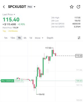The image shows a 1-hour candlestick chart for SPCXUSDT (Perp) on Binance, with the last price at $115.40 (up +5.90%) and a marked P&L of +2569.66, corresponding to the trader's profitable long position that hit the $115 take-profit target after entering near $106.