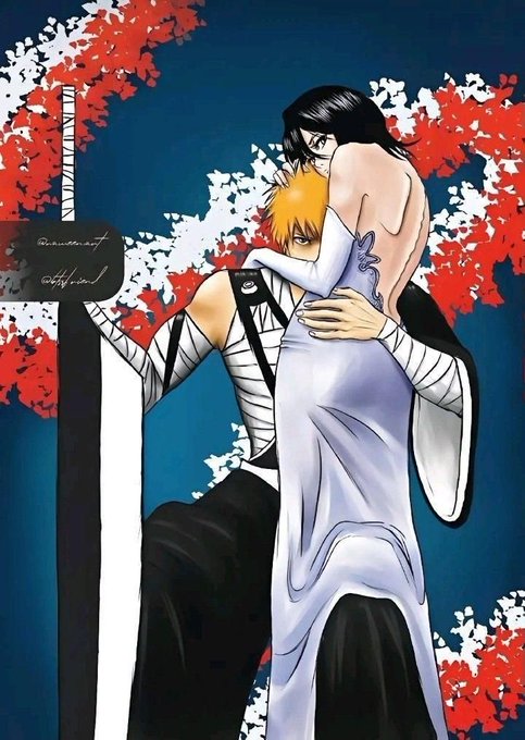 An anime-style illustration shows a long-haired figure in a white robe embracing a bandaged, orange-haired character against a backdrop of red leaves, with the username "@monomaniac" and signature "@highwind" visible on the blade of a sword in the image. The caption references the artist's creative process using AI tools (Codex with 5.6 Sol Ultra in fast mode) to produce the artwork, humorously noting the "broke" quality of the prompt.