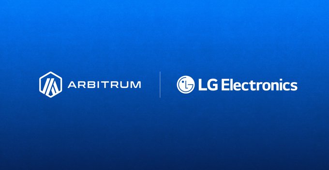 The image features a blue background with two white logos, one for LG Electronics and another for Arbitrum. The text "What LG is testing and why" is present, indicating that LG is piloting an advertising network on Arbitrum. This suggests that they are exploring new ways of reaching potential customers through digital platforms like Arbitrum to programmable advertising markets.