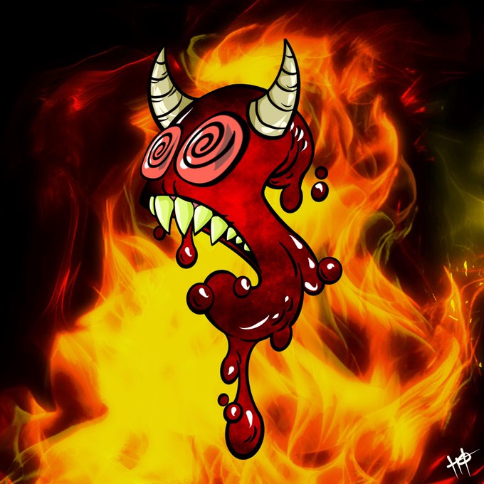 A cartoon illustration of a red, demonic creature with horns, swirly eyes, and sharp fangs dripping blood, set against a backdrop of intense orange and yellow flames.