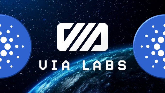 A banner for 'VIA LABS' featuring a stylized white logo centered between two blue Cardano (ADA) coin graphics, set against a starry space background with Earth visible below.