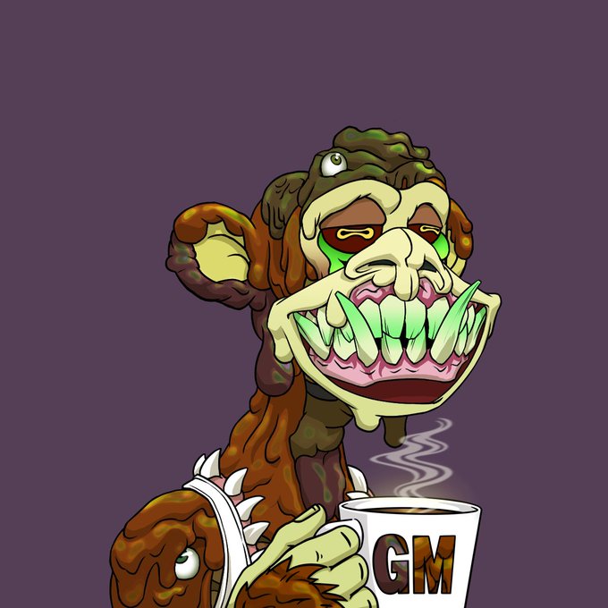 A cartoon illustration of a grotesque, monstrous character with a wide mouth full of sharp green teeth, holding a mug labeled 'GM' with steam rising from it.