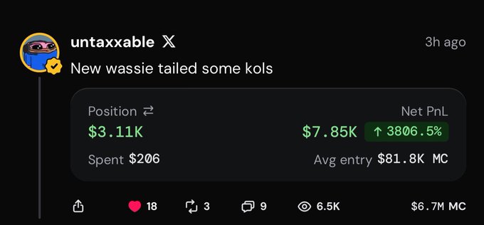 A tweet from user "untaxxable" with 6.5K views celebrates turning a small investment into $7.85K (a 3806.5% gain) on a "new wassie" meme coin, aligning with the caption's boast about turning 2 SOL into $8,000 via a 100x call.