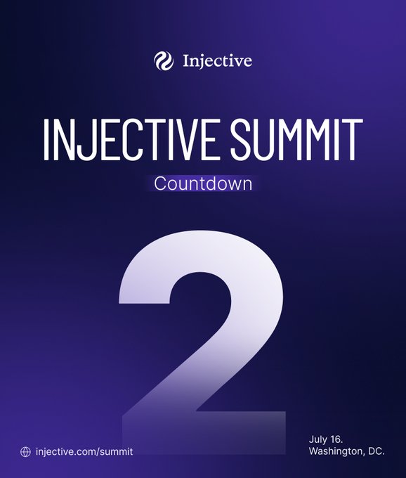 A promotional graphic for the Injective Summit countdown, showing the number '2' on a purple background, with 'July 16, Washington, DC' and 'injective.com/summit' displayed.