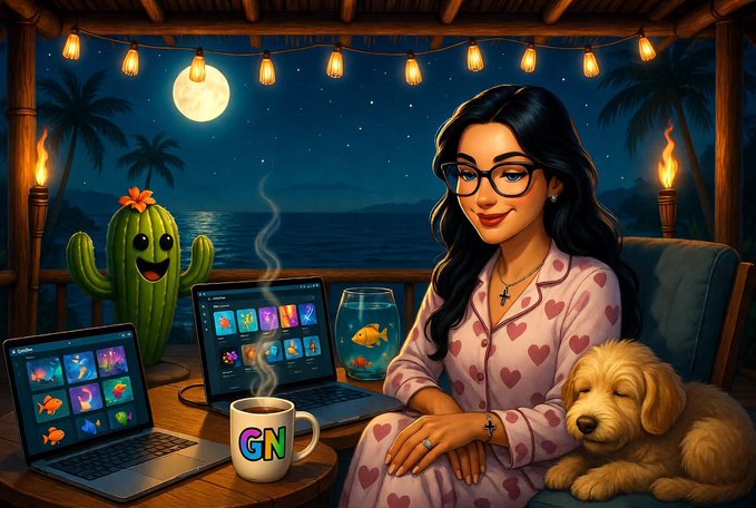 The post caption reads "GN Sweet dreams goodnight" alongside $ETH, pairing perfectly with the cozy moonlit scene of a woman in heart-patterned pajamas cuddling a puppy, drinking from a "GN" mug, and scrolling OpenSea on her laptop under string lights.