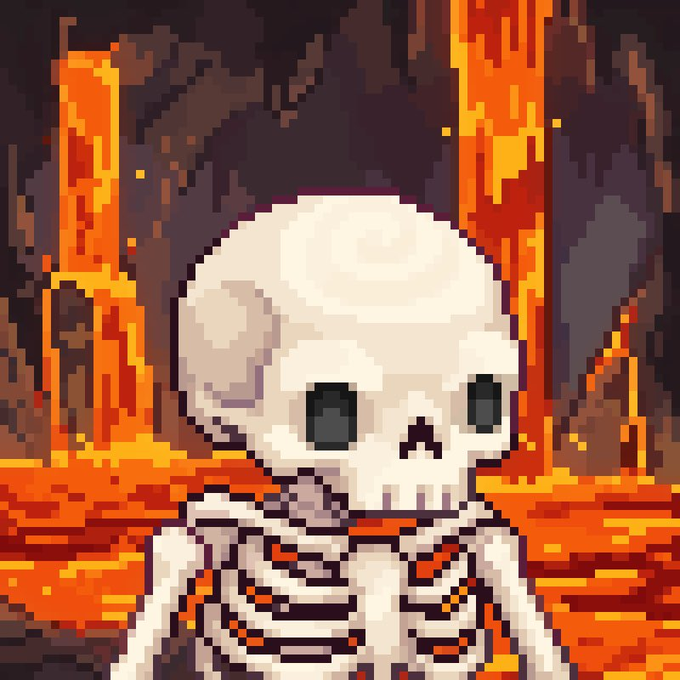 A pixel art illustration of a cute chibi skeleton with a large round skull and ribcage, set against a backdrop of flowing orange lava and dark rocky terrain.