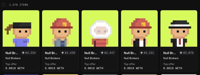 The image shows an OpenSea collection page displaying 1,578 "Null Brokers" pixel art NFT characters, each priced at a low top offer of 0.0018 WETH (around $4) with varying ranks like #4,334, #2,439, and #3,879, which aligns with the post's mention of a small $4 risk per NFT for potential trades.