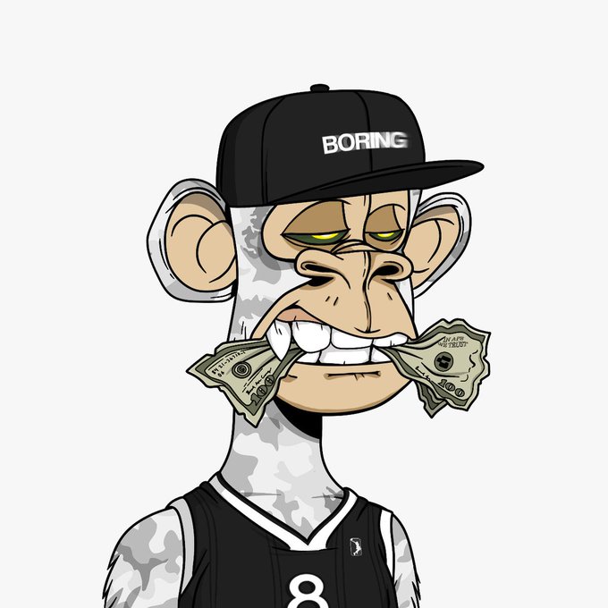 A cartoon ape with a black "BORING" cap and #8 jersey holds two $100 bills in its mouth, promoting a giveaway of Ape Hood #45 by @theapehood on OpenSea to celebrate $10,000 in trading volume within 24 hours.