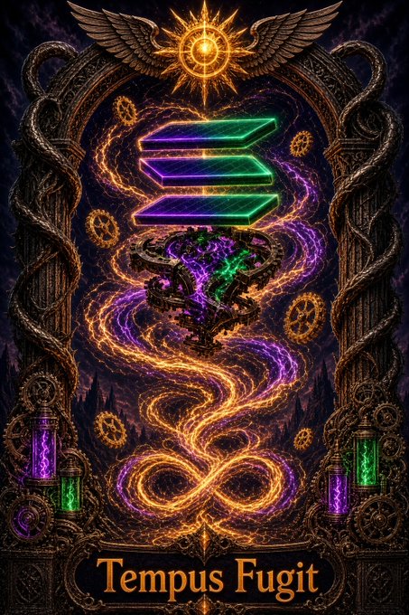 A vibrant, fantastical digital artwork titled "Tempus Fugit" featuring an ornate, glowing Solana logo in green and purple at the center, surrounded by swirling flames, gears, and an infinity symbol.
