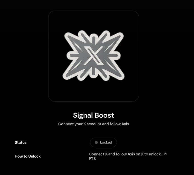 A digital interface displaying a 'Signal Boost' feature with a starburst 'X' logo on a black background, instructing users to 'Connect your X account and follow Axis,' currently marked as 'Locked' and offering '+1 PTS' for unlocking.