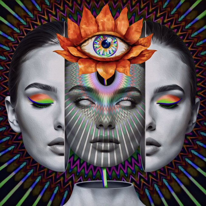 A surreal digital artwork featuring three faces with closed eyes, the central face overlaid with psychedelic patterns and topped with a large eye surrounded by orange flames.