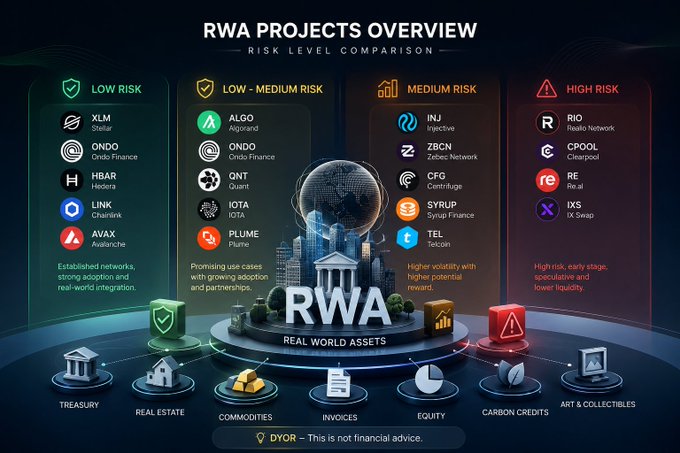 An infographic titled 'RWA PROJECTS OVERVIEW' comparing risk levels (LOW RISK, LOW-MEDIUM RISK, MEDIUM RISK, HIGH RISK) across various crypto projects including XLM, ALGO, INJ, and RIO.
