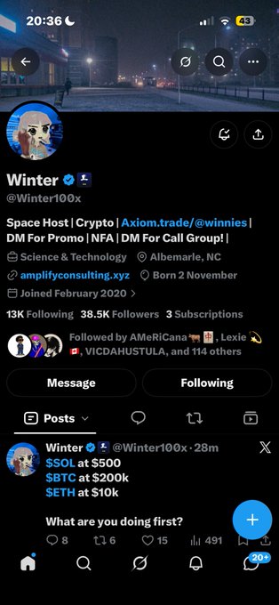 Twitter profile screenshot for 'Winter' (@Winter100x) showing 13K Following and 38.5K Followers, with a recent post predicting '$SOL at $500, $BTC at $200k, $ETH at $10k' and asking followers 'What are you doing first?'