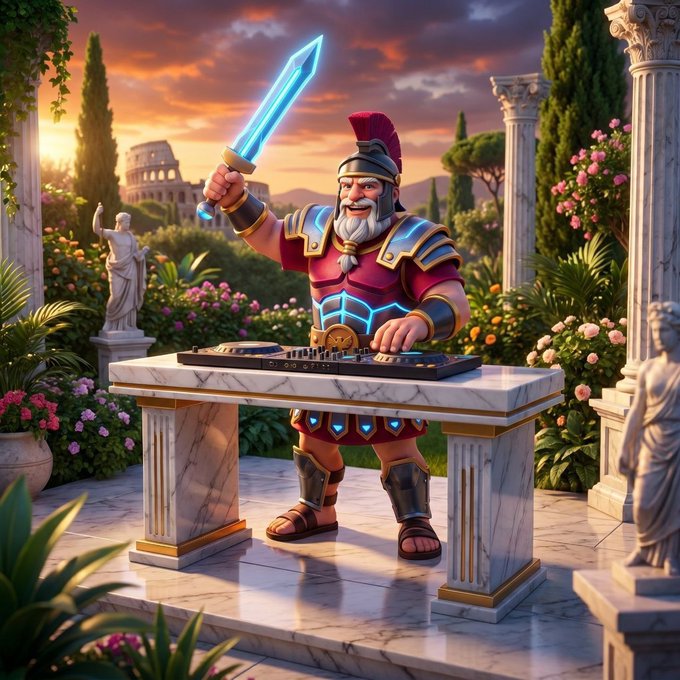 A cartoon Roman warrior in armor triumphantly wields a glowing blue sword while standing behind a marble console, set against a sunset backdrop featuring the Colosseum and classical statues. The image evokes the epic gaming battles of Cladio Gaming, where players train and master warriors within a community-driven DAO ecosystem on BNB Chain.