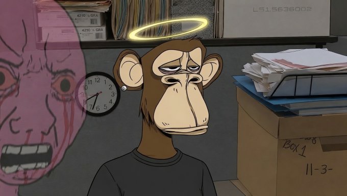 A cartoon image of a tired-looking monkey with a yellow halo in an office setting, with a distorted screaming pink face overlaid on the left side.